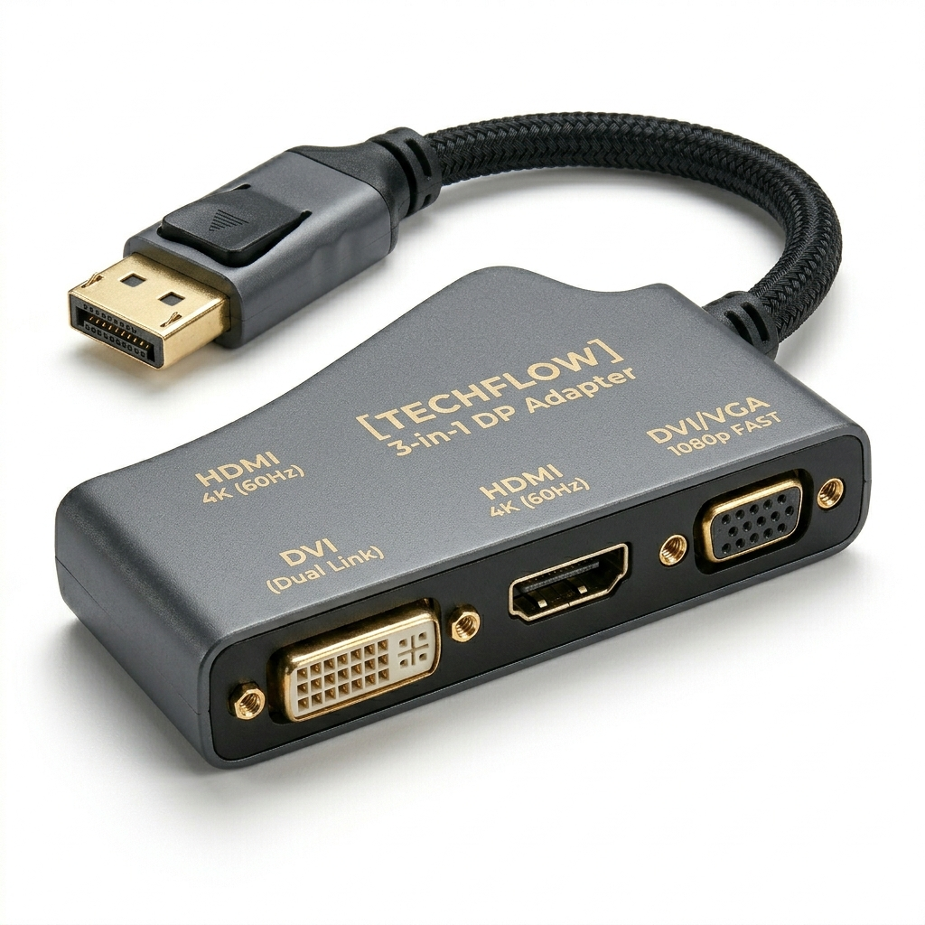 DisplayPort to DVI, HDMI & VGA 3-in-1 Converter Adapter – Multi-Display Solution